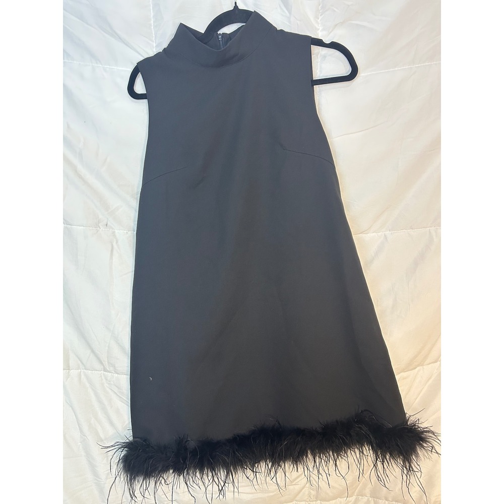 SHEIN Black Sleeveless Feather Trim Mock Neck Mini Dress Size 6